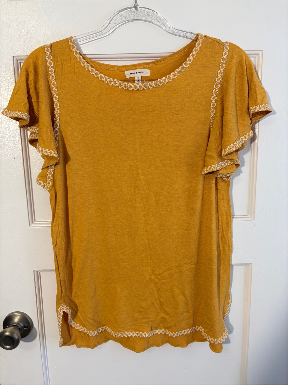 Max Studio Mustard Flutter Sleeve Tee with Cream Trim